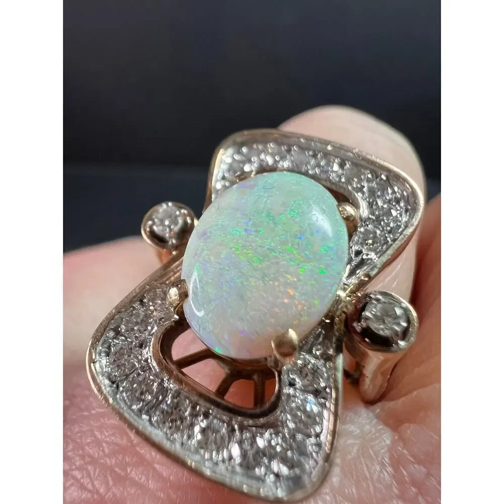 Vintage 14K Opal & Diamond Ring | Size 6.5 | Papered | 1.80ct | 60s–70s